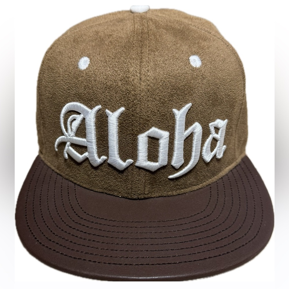Aloha Na Koa 6 panel 3D embroidered flat brim brown‎ faux suede strapback hat